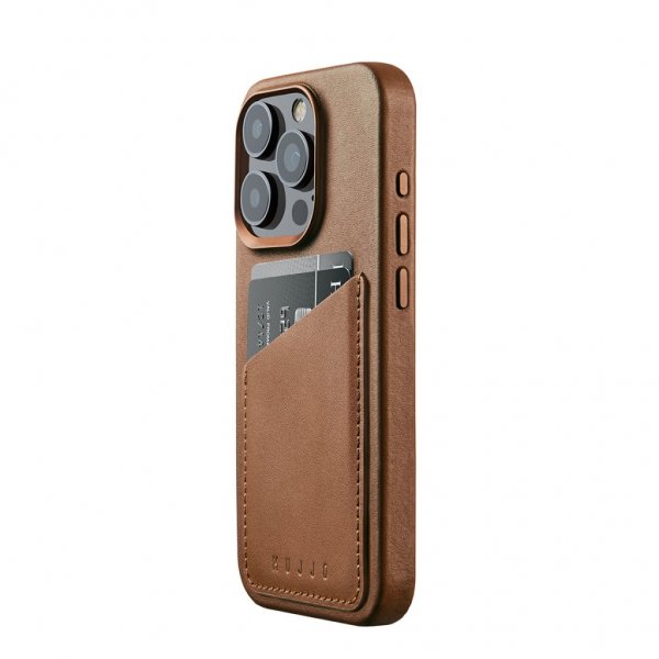 Mujjo iPhone 15 Pro -suojakuori Täysnahkainen lompakkokotelo MagSafe Dark Tan