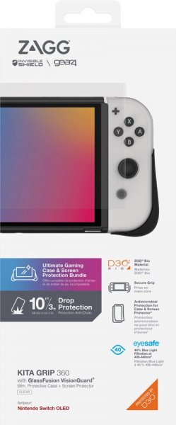 Gear4 Nintendo Switch OLED-kuori ja näytönsuoja Kita Grip 360 Clear