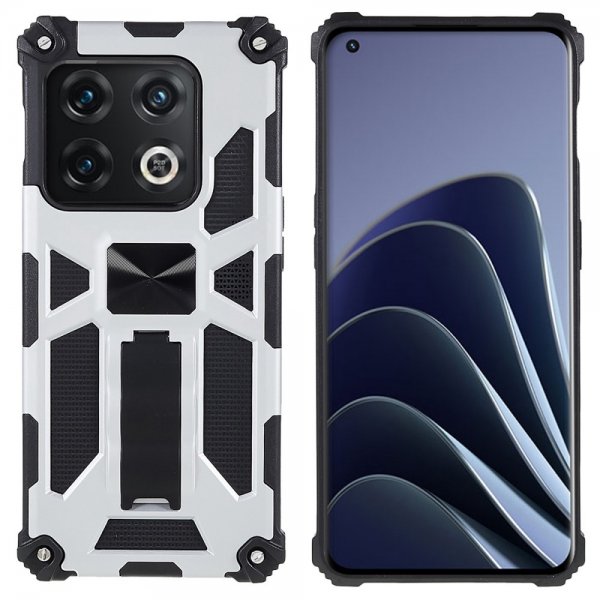 OnePlus 10 Pro Kuori, jossa metallilevy ja jalustatoiminto, hopea