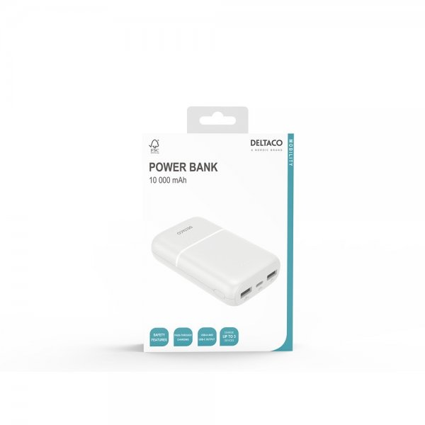 Deltaco-varavirtalähde 10 000 mAh, valkoinen