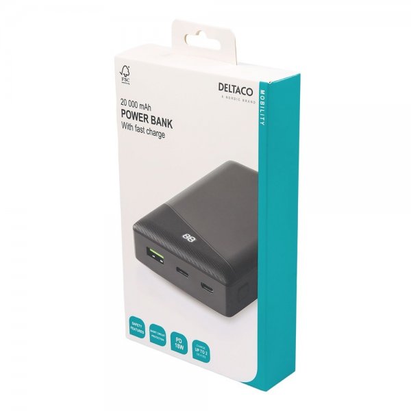 Deltaco Powerbank 20 000 mAh Pikalataus 18W Musta