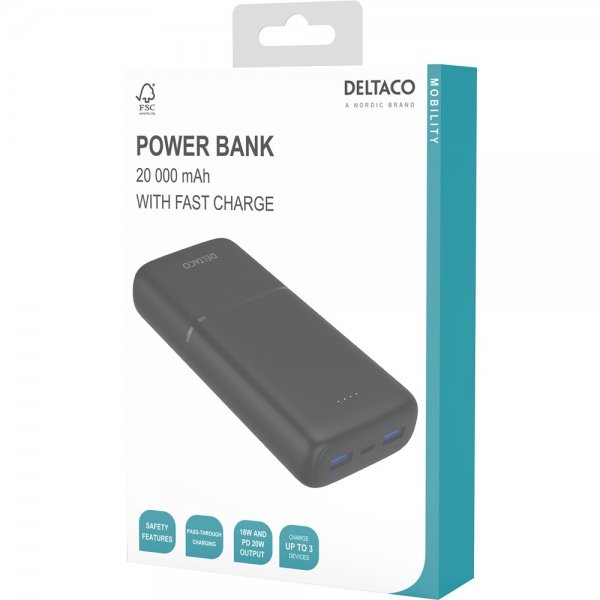 Deltaco Powerbank 20 000 mAh Pikalataus 20W Musta