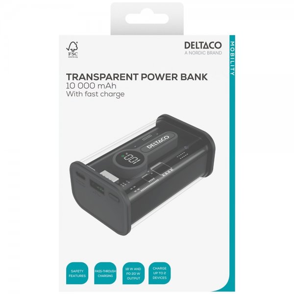 Deltaco Powerbank Transparent 10 000 mAh Fast Charge Musta