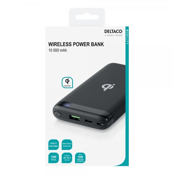 Deltaco Powerbank Wireless 10 000 mAh Musta