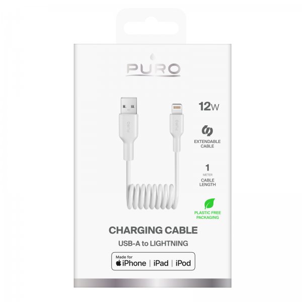 Puro Lightning-USB-A-spiraalikaapeli 1 m, valkoinen