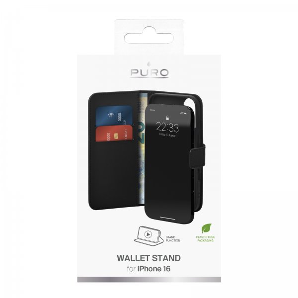 Puro iPhone 16 Suojakotelo Lompakko Jalusta Musta