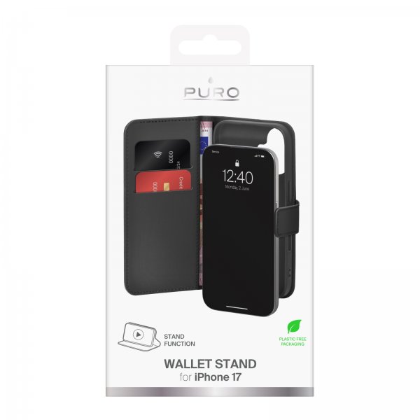 Puro iPhone 17 -lompakkokotelo, jalusta, musta