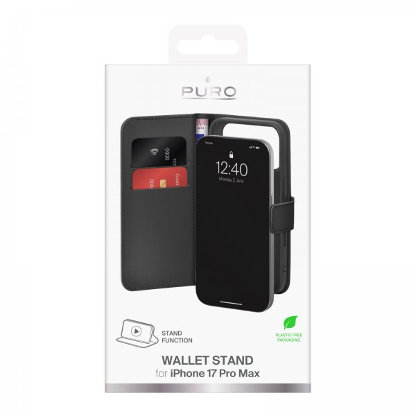 Puro iPhone 17 Pro Max -lompakkokotelo, jalusta, musta