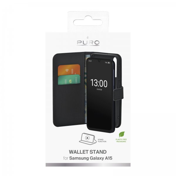 Puro Samsung Galaxy A15 -suojakotelo, lompakko, jalusta, musta