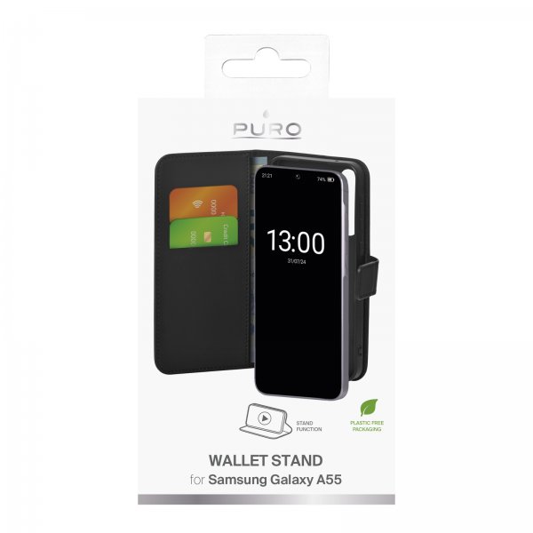 Puro Samsung Galaxy A55 -suojakotelo, lompakkomalli, jalustalla, musta