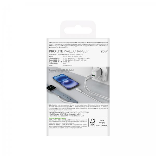 Puro-laturi kaapelilla ProLite Kit USB-C 25W 1,2m Valkoinen
