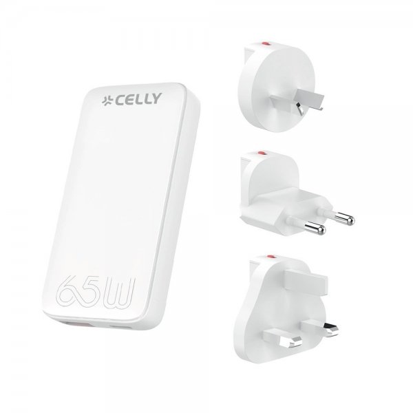Celly Matkalaturi Travel GaN 65W USA/UK/EU/AUS Valkoinen