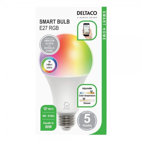 Deltaco Smart Home RGB LED-lamppu E27 WiFi 9W
