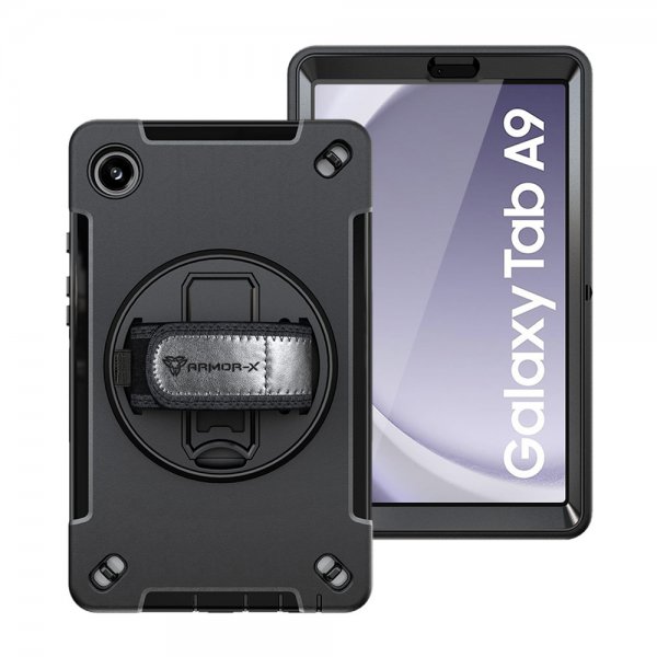 Armor-X Samsung Galaxy Tab A9 suojakuori, vedenkestävä, kestävä kotelo, käsilenkki, jalusta, musta