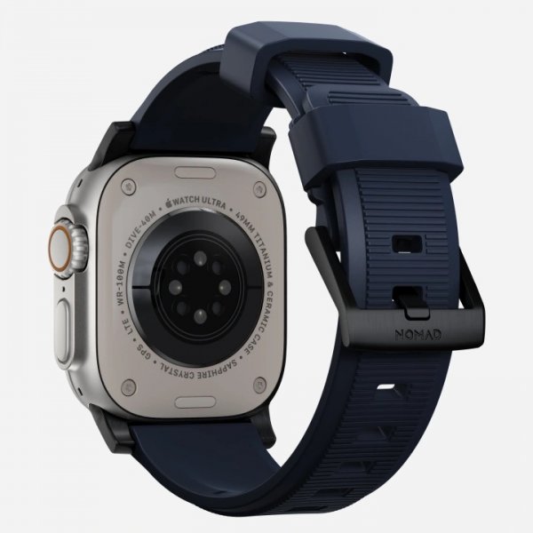 Nomad Apple Watch 44/45/46mm/Apple Watch Ultra -ranneke Rugged Band Black Hardware Atlantic Blue