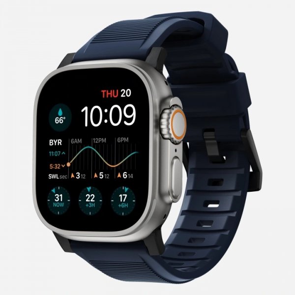 Nomad Apple Watch 44/45/46mm/Apple Watch Ultra -ranneke Rugged Band Black Hardware Atlantic Blue