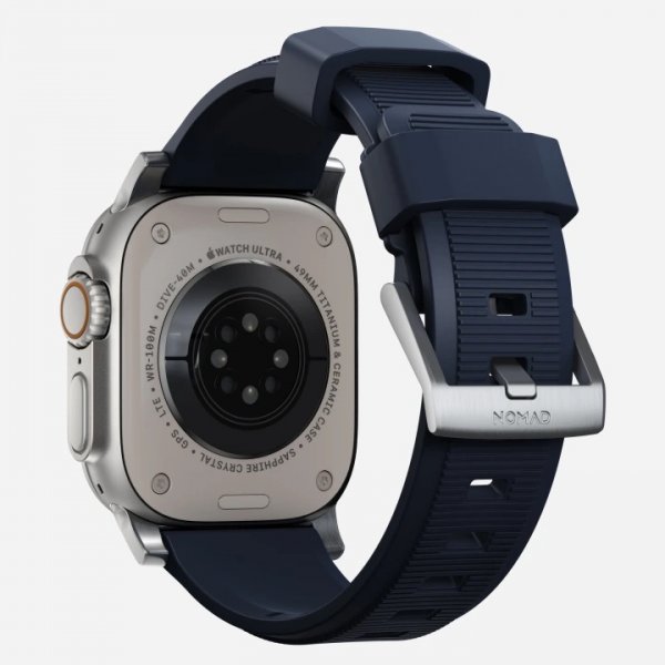 Nomad Apple Watch 44/45/46mm/Apple Watch Ultra -ranneke Rugged Band Silver Hardware Atlantic Blue