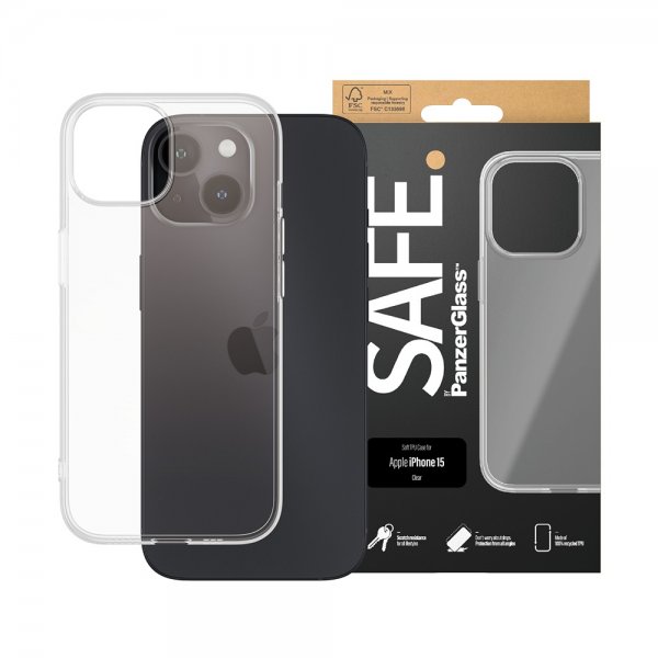 SAFE by PanzerGlass iPhone 15 kuori pehmeä TPU-kotelo läpinäkyvä