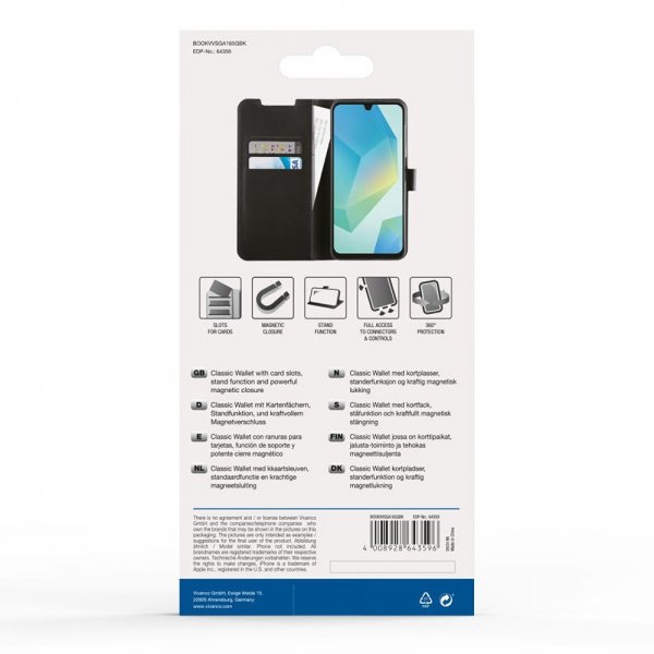 Vivanco Samsung Galaxy A16 Kotelo Classic Wallet Musta
