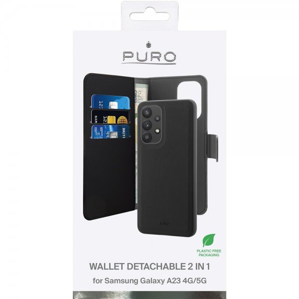 Puro Samsung Galaxy A23 5G -suojakotelo Wallet Detachable 2 in 1, musta