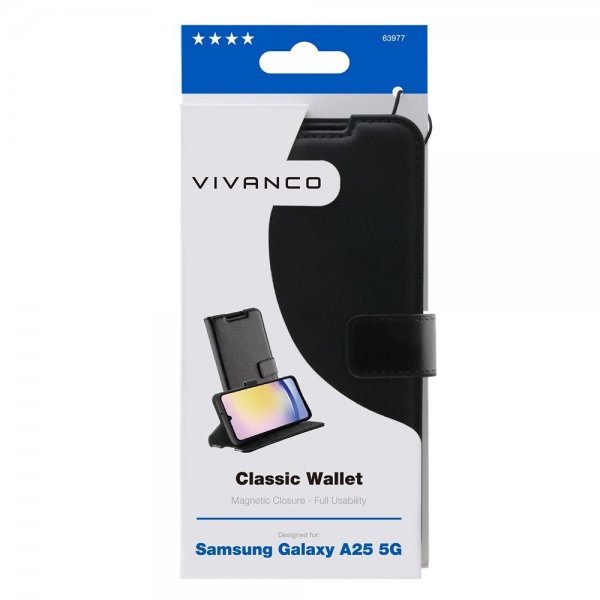 Vivanco Samsung Galaxy A25 Classic Wallet -suojakotelo, musta