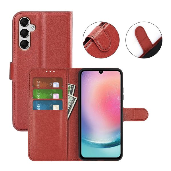 Samsung Galaxy A25 -kotelo jalustalla, ruskea
