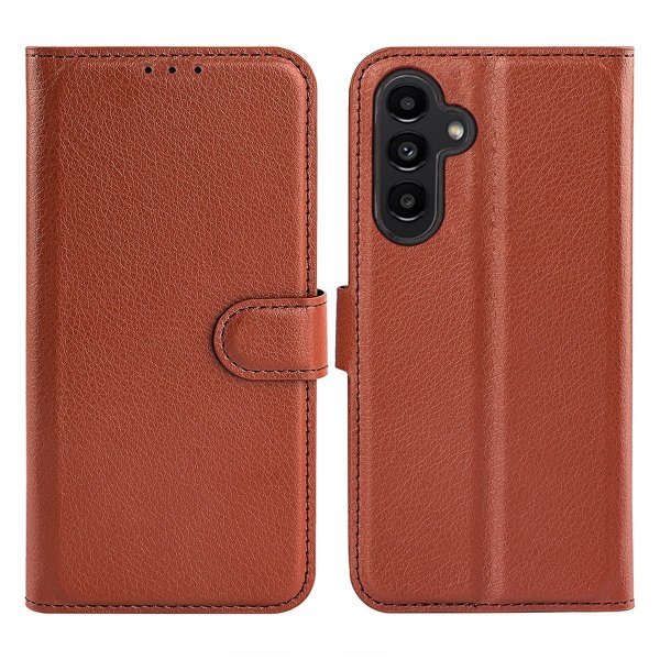 Samsung Galaxy A54 5G -kotelo jalustalla, ruskea