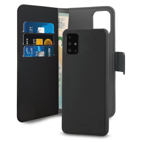 Puro Samsung Galaxy A71 -kotelo, lompakko, irrotettava 2-in-1, musta