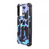 Samsung Galaxy A72 -suojakuori metallilevyllä, jalustatoiminnolla ja Camouflage Blue -kuosilla