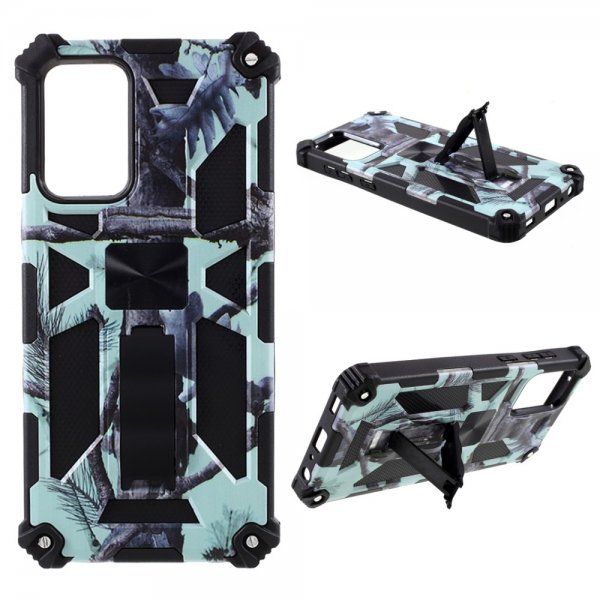 Samsung Galaxy A72 -suojakuori metallilevyllä, jalustatoiminnolla, vaaleansininen camouflage
