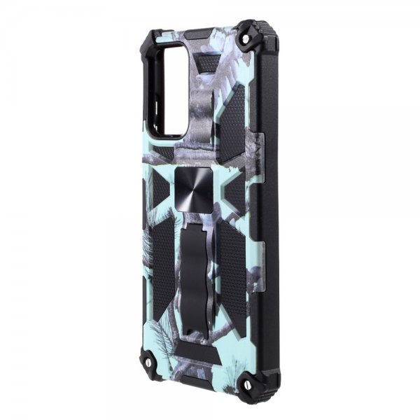 Samsung Galaxy A72 -suojakuori metallilevyllä, jalustatoiminnolla, vaaleansininen camouflage