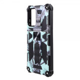 Samsung Galaxy A72 -suojakuori metallilevyllä, jalustatoiminnolla, vaaleansininen camouflage