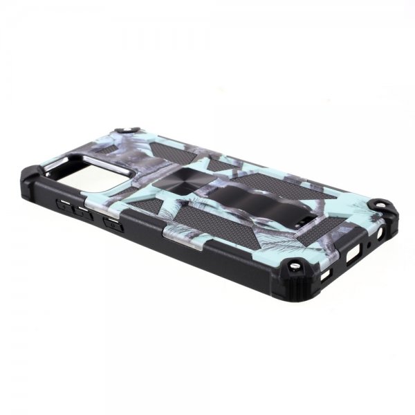 Samsung Galaxy A72 -suojakuori metallilevyllä, jalustatoiminnolla, vaaleansininen camouflage
