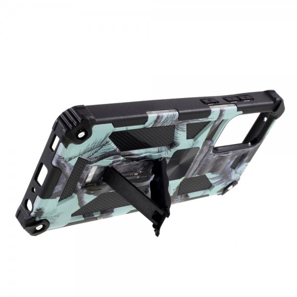 Samsung Galaxy A72 -suojakuori metallilevyllä, jalustatoiminnolla, vaaleansininen camouflage