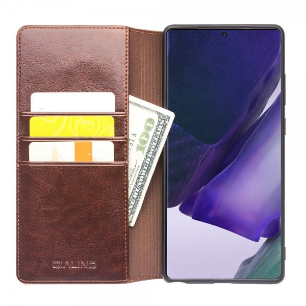 Qialino Samsung Galaxy Note 20 Ultra -kotelo, aitoa nahkaa, ruskea