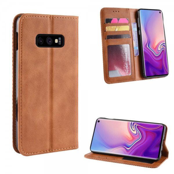 Samsung Galaxy S10E Lompakkokotelo Vintage Ruudukkokuvio Ruskea