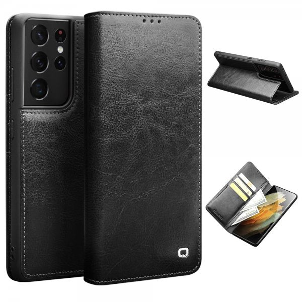 Qialino Samsung Galaxy S21 Ultra Kotelo Aitoa Nahkaa Musta