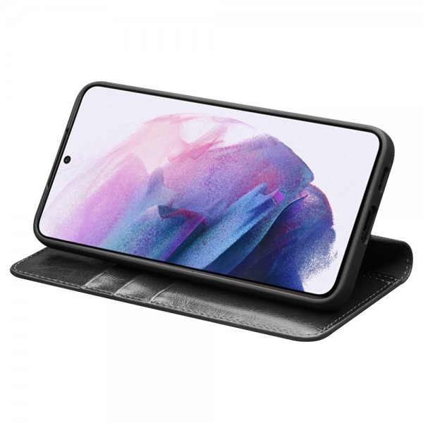 Qialino Samsung Galaxy S22 -kotelo, aitoa nahkaa, korttipaikka, musta