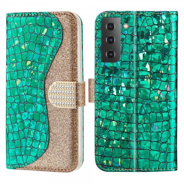 Samsung Galaxy S22 Plus Kotelo Krokotiilikuvio Glitter Vihreä