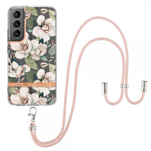 Samsung Galaxy S22 Plus -kuori kukkakuviolla ja hihnalla, vihreä Gardenia