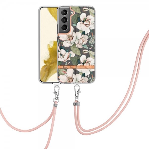 Samsung Galaxy S22 Plus -kuori kukkakuviolla ja hihnalla, vihreä Gardenia