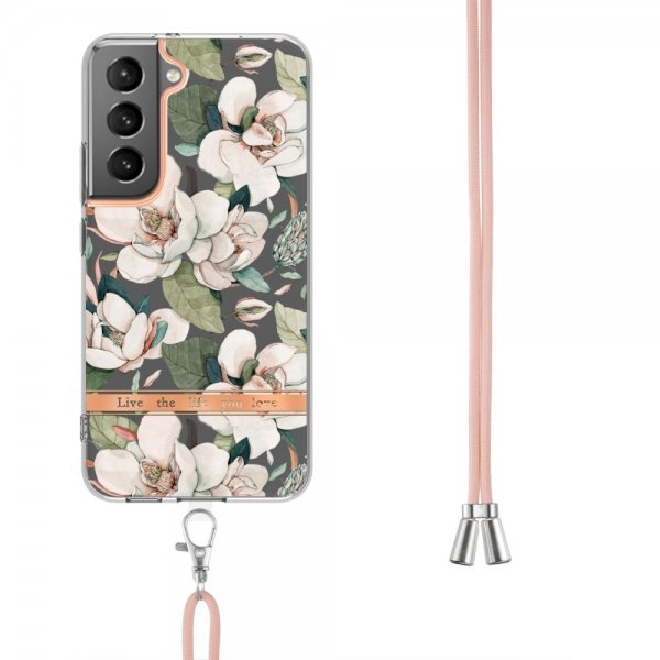 Samsung Galaxy S22 Plus -kuori kukkakuviolla ja hihnalla, vihreä Gardenia