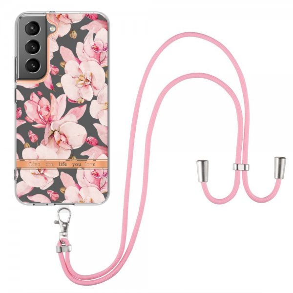 Samsung Galaxy S22 Plus -kuori, kukkakuvio, ranneke, ruusunpunainen Gardenia