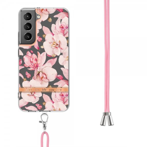 Samsung Galaxy S22 Plus -kuori, kukkakuvio, ranneke, ruusunpunainen Gardenia