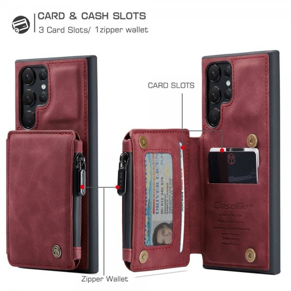 CaseMe Samsung Galaxy S22 Ultra -suojakotelo, C20, korttipaikat, vetoketju, punainen