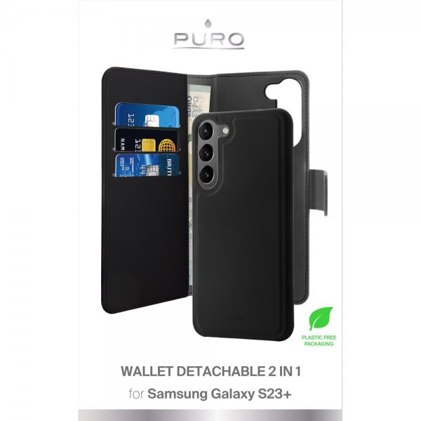 Puro Samsung Galaxy S23 Plus Kotelo Wallet Detachable 2 in 1 Musta