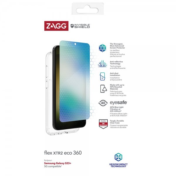 ZAGG InvisibleShield Samsung Galaxy S23 Plus -suojakuori ja Flex XTR2 Eco 360 -näytönsuoja