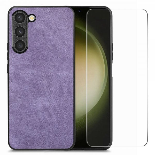 Enkay Samsung Galaxy S23 Plus -kuori näytönsuojalla, nahkakuvioitu, violetti