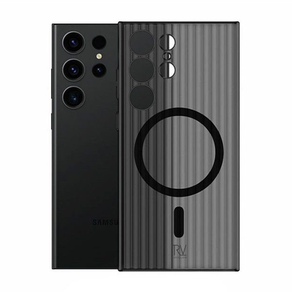 Rvelon Samsung Galaxy S23 Ultra -suojakuori aaltopahvikuviolla ja MagSafe-tuella, musta