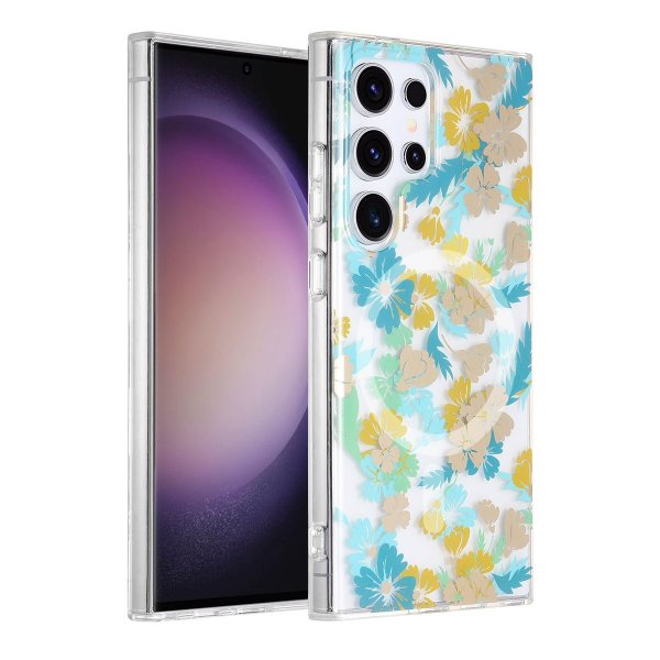 Samsung Galaxy S23 Ultra Kuori Kukkakuvio MagSafe Turkoosi